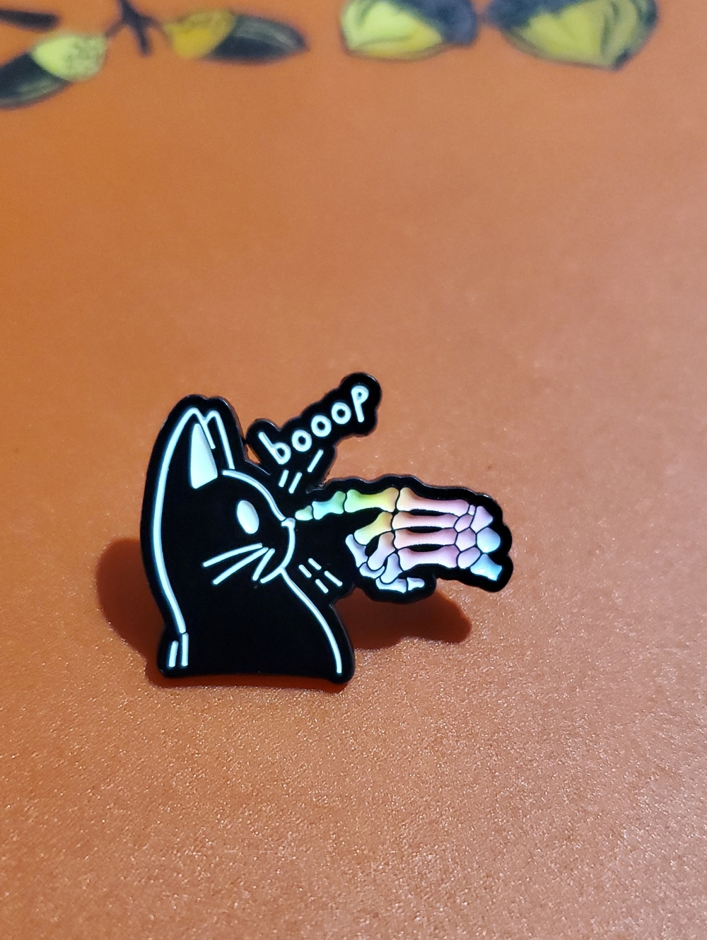 Black Cat 'Booop' Enamel Pin with Rainbow Skeleton Hand